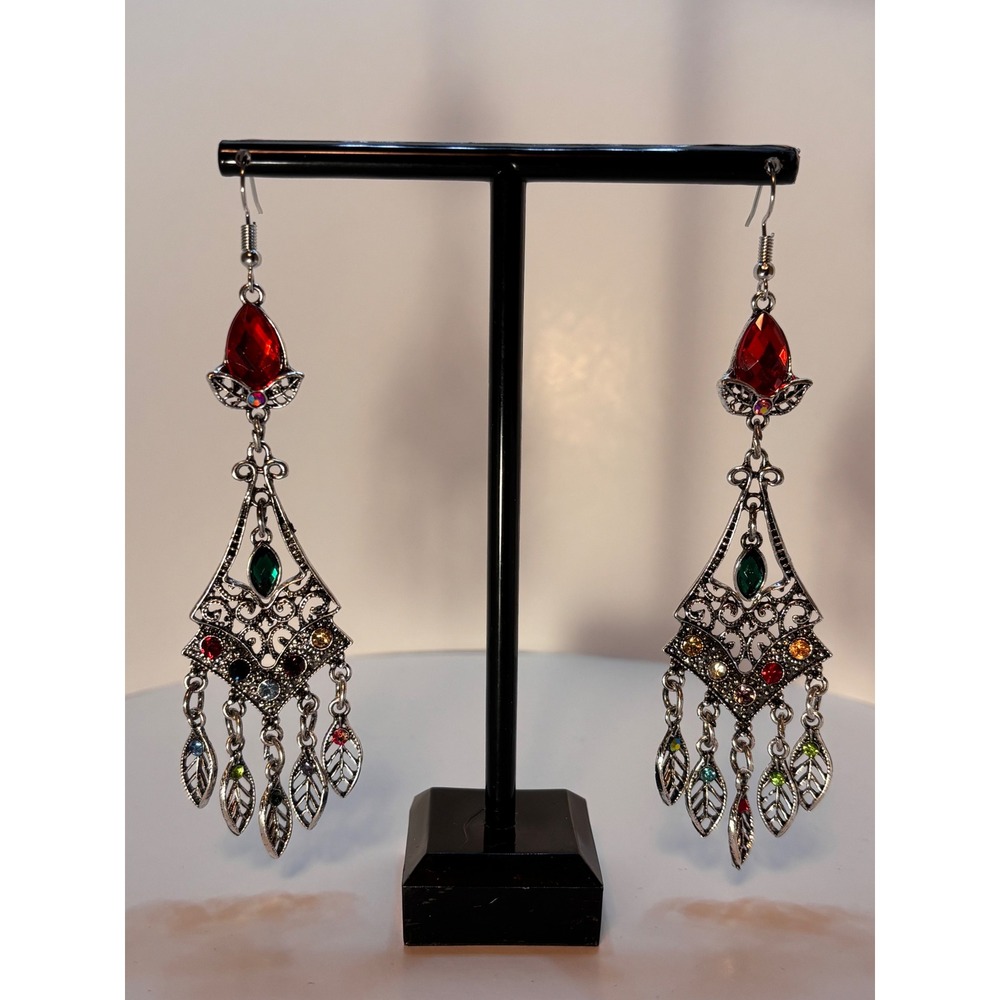 Vintage Style Silver Multi Color Rhinestone Filigree Leaf Chandelier Earrings